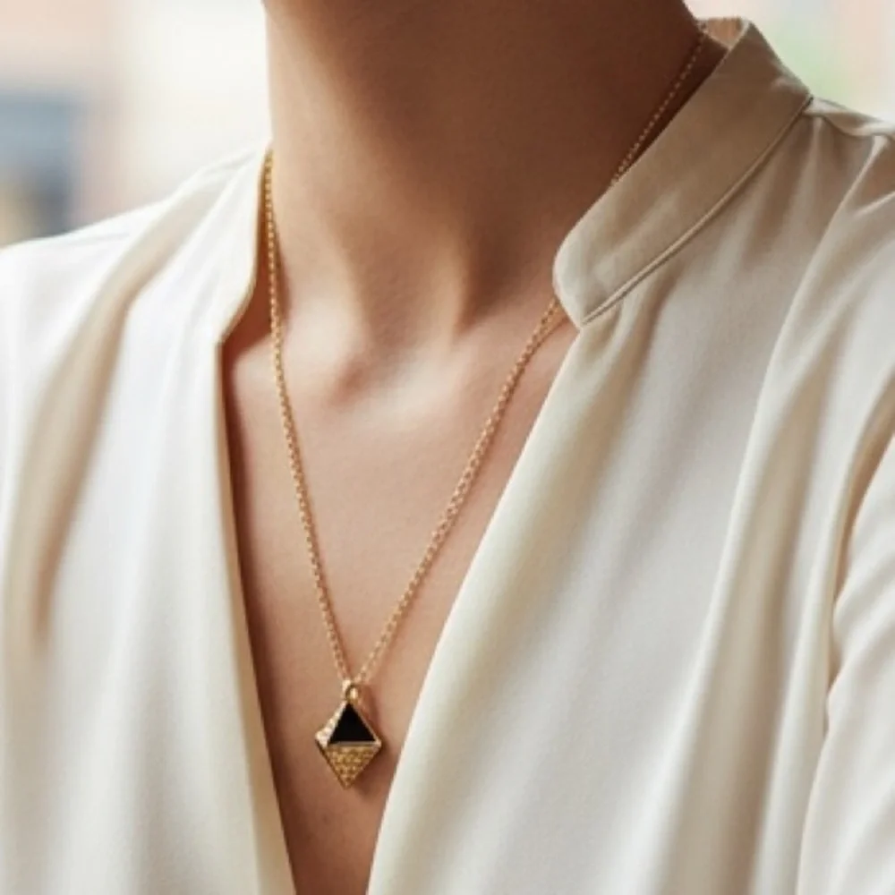 Vintage Dior Gold rhinestones, and black Triangle Pendant with chain Necklace - Picture 2 of 12